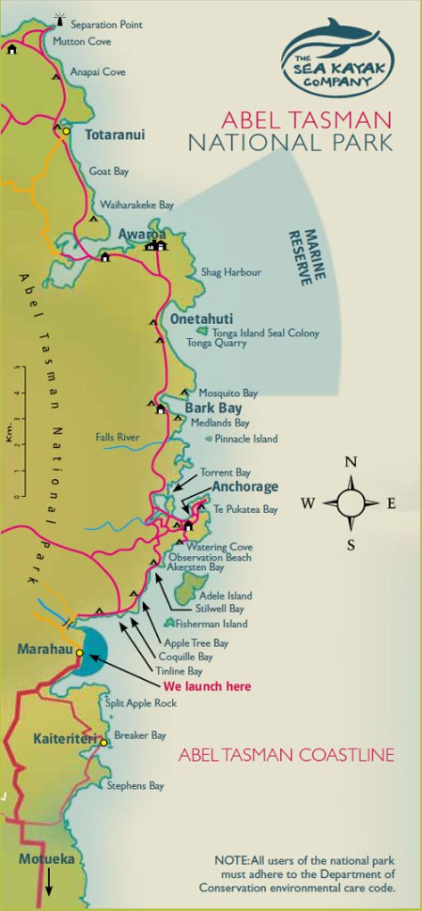 Map of the Abel Tasman National park coastline in New Zealand. (Image courtesy of The Sea Kayak company)